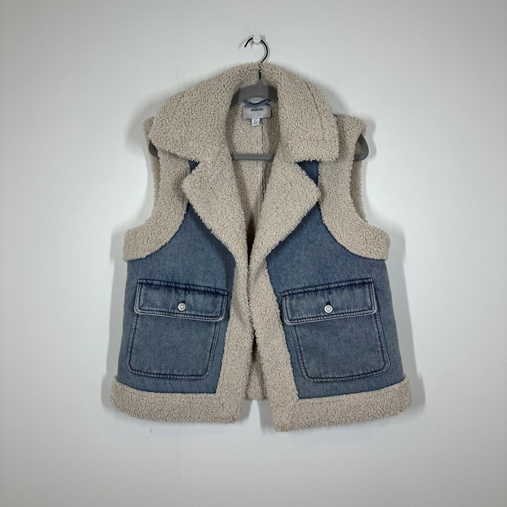 Jason Wu Vest Womens Small Blue Cotton Denim Beige Sherpa Faux Fur Western